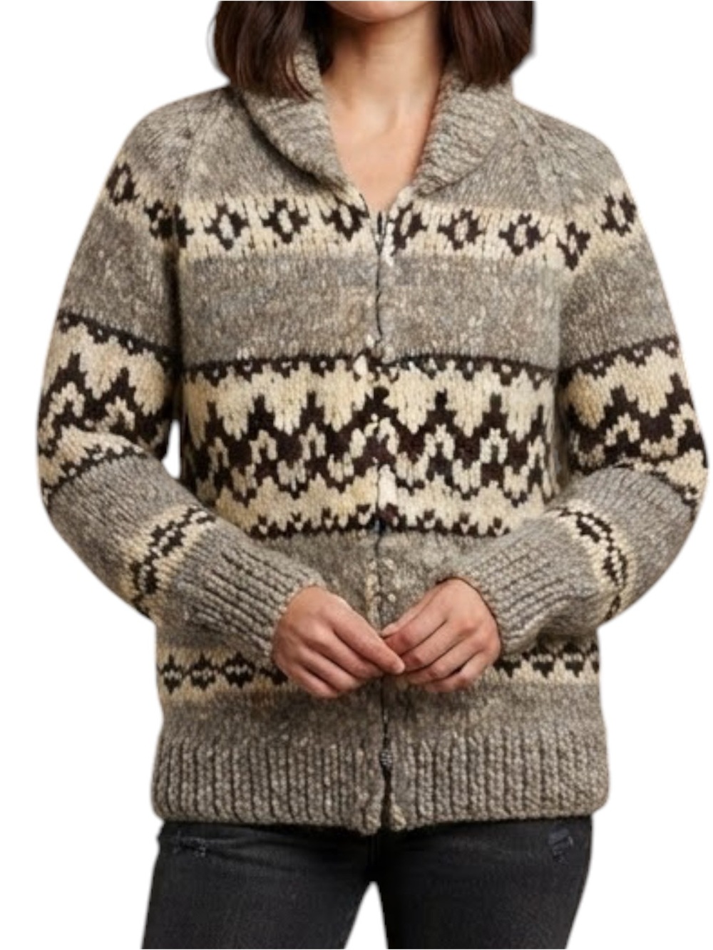 Handmade Chunky Wool Cowichan Sweater Cardigan Unisex Small Grey Brown